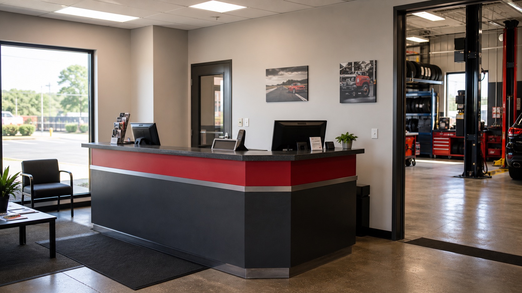 Clean auto repair customer counter and workshop reception area