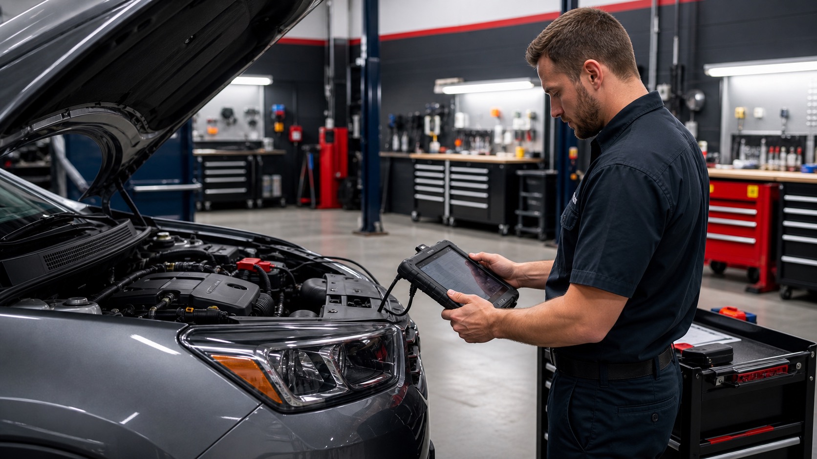 Technician using diagnostic equipment near a vehicle