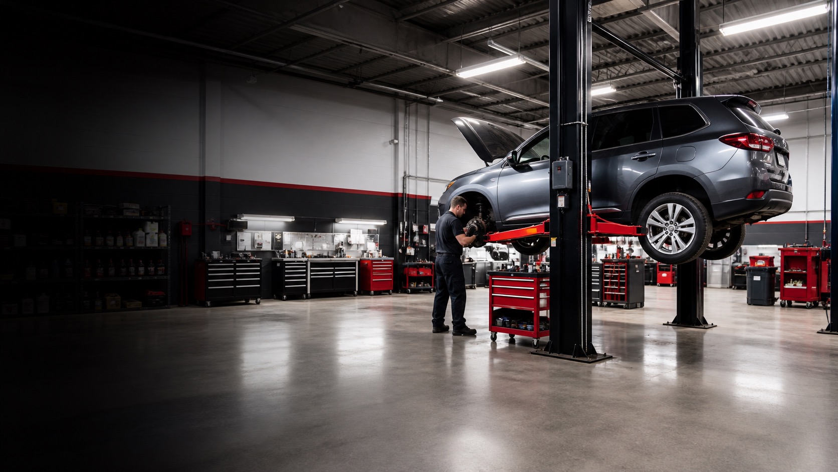 Modern auto repair service bay with vehicle on lift