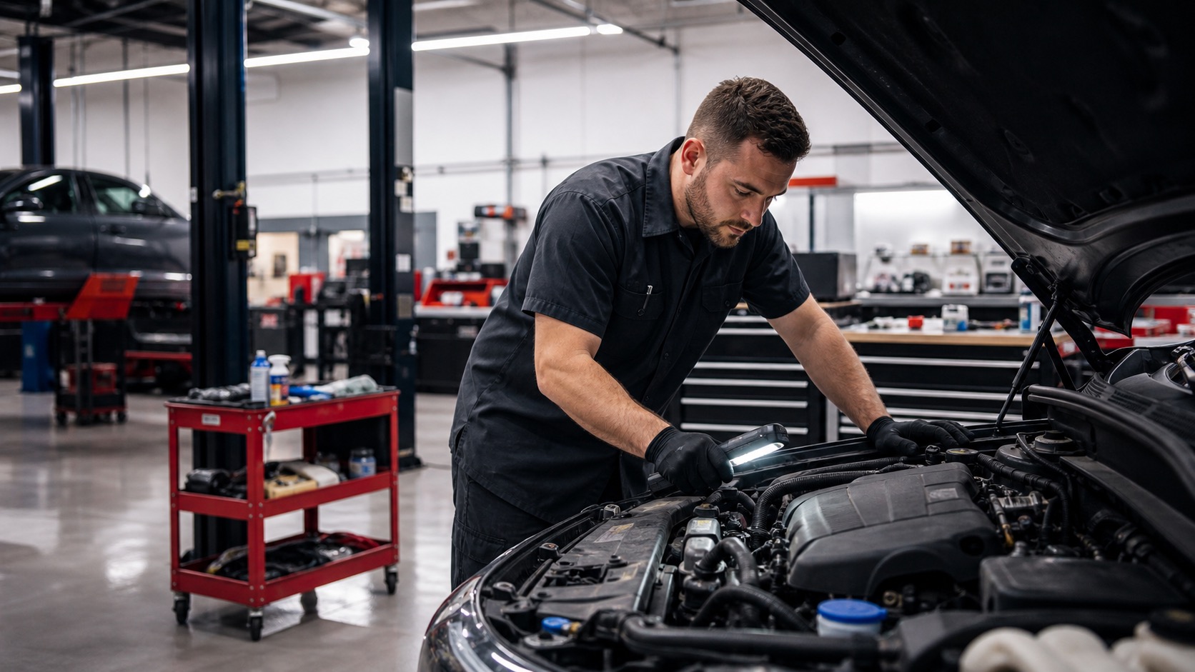 Mechanic inspecting a vehicle in a clean Jacksonville service bay