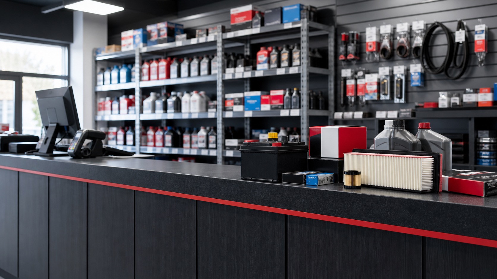 Professional auto parts counter with batteries filters fluids and boxed parts