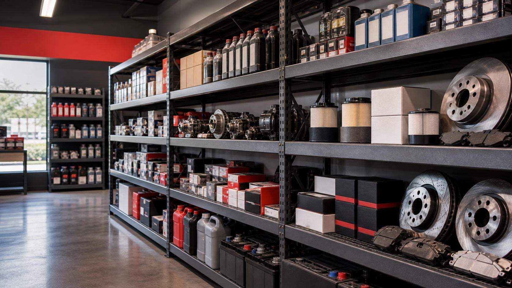 Organized auto parts shelves with replacement parts and maintenance products